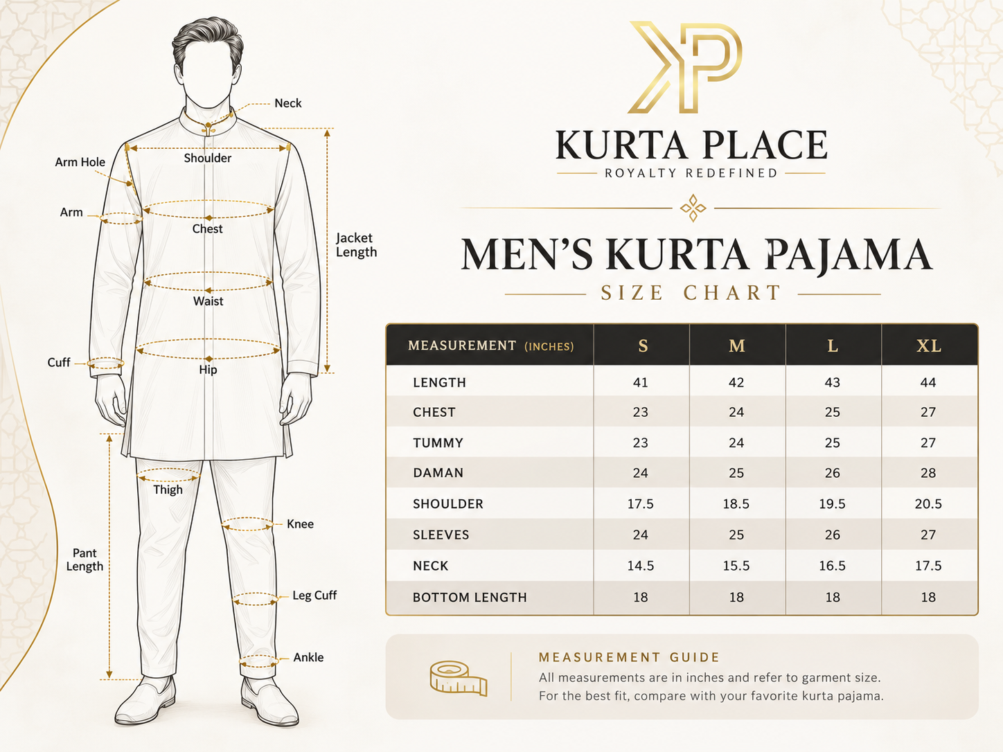 Size chart for Olive Brown Khaddi Kurta with Wooden Buttons