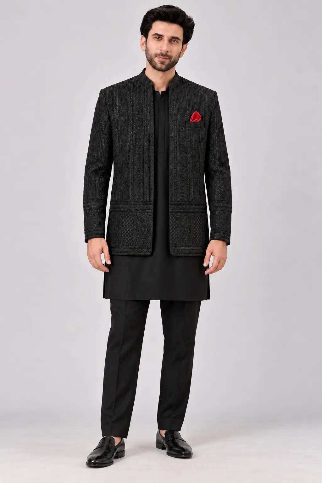 black-machine-embroidered-prince-coat-front.webp Black Embroidered Prince Coat - Image 1
