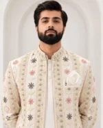 Ivory Raw Silk Floral Border-Embroidered Prince Coat - Image 3