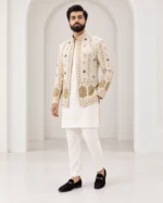 Ivory Raw Silk Floral Border-Embroidered Prince Coat