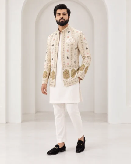 Ivory Raw Silk Floral Border-Embroidered Prince Coat